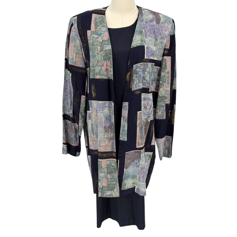 K.C. Spencer Vintage 2-Piece Dress Set Navy Abstract‎ Gold 100% Rayon Size 12